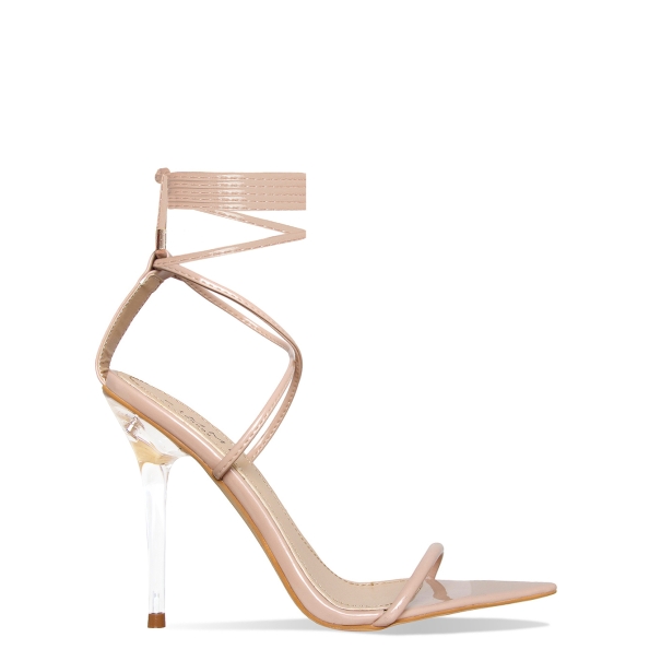 Gizel Nude Patent Pointed Lace Up Clear Heels