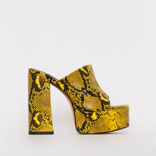 Giselle Yellow Snake Print Platform Mules