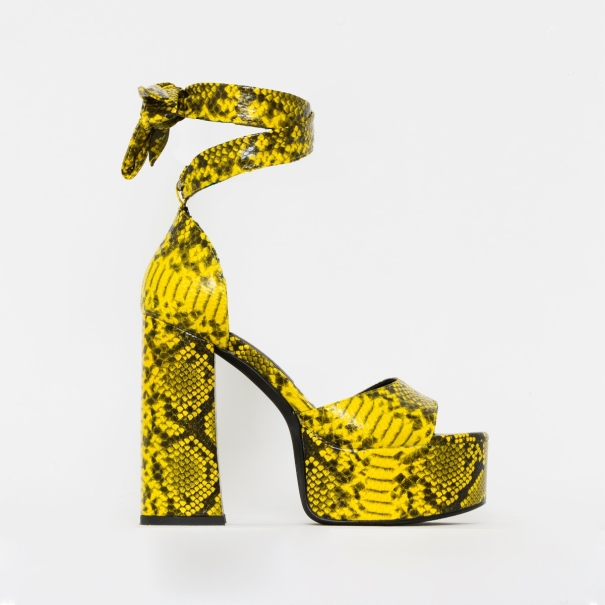 Athena Yellow Snake Print Lace Up Chunky Platform Heels