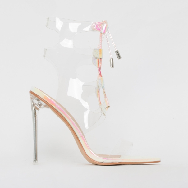 Desi White Iridescent Snake Print Clear Lace Up Heels