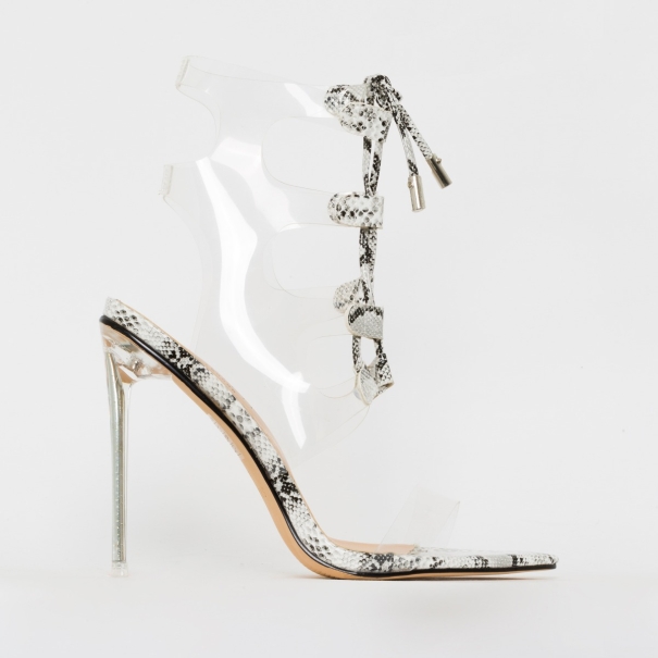 Desi Mono Patent Snake Print Clear Lace Up Heels