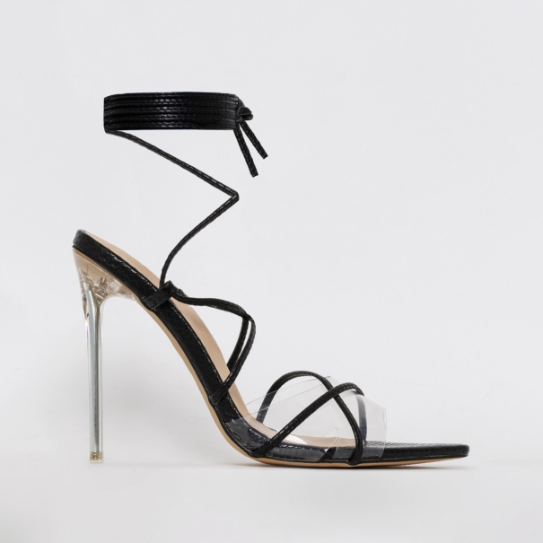Hailey Black Snake Lace Up Clear Heels