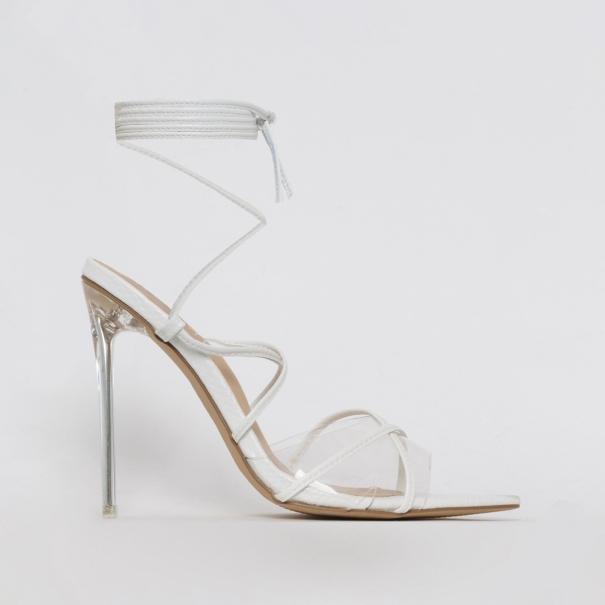 Hailey White Snake Lace Up Clear Heels