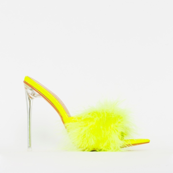 SIMMI SHOES / FAYE YELLOW FLUFFY CLEAR MULE HEELS