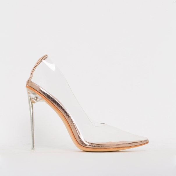 SIMMI SHOES / CHRISTIE ROSE GOLD SNAKE CLEAR STILETTO COURT SHOES