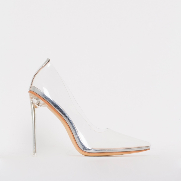 SIMMI SHOES / CHRISTIE SILVER SNAKE CLEAR STILETTO COURT SHOES