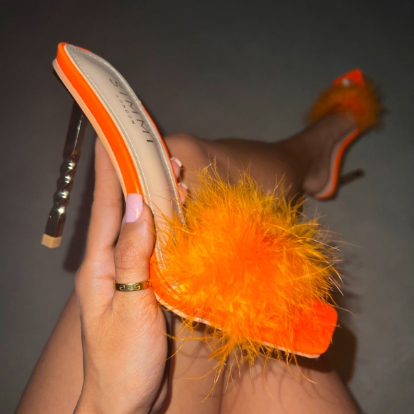 Hally Orange Fluffy Twisted Stiletto Mules | SIMMI London