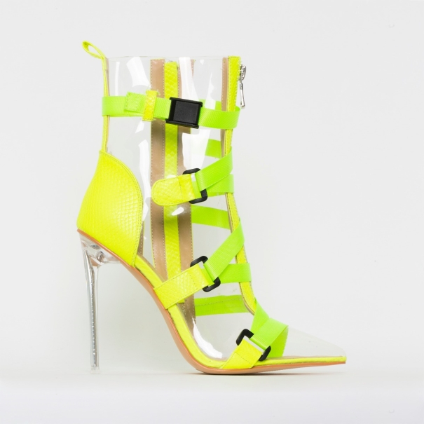 Jordun Yellow Snake Print Clear Buckle Zip Ankle Boots