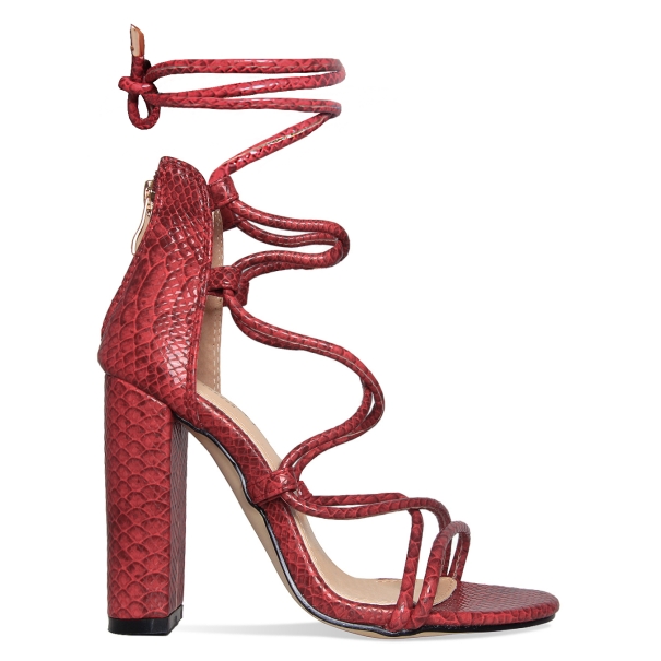 Hannah Red Snake Lace Up Block Heels