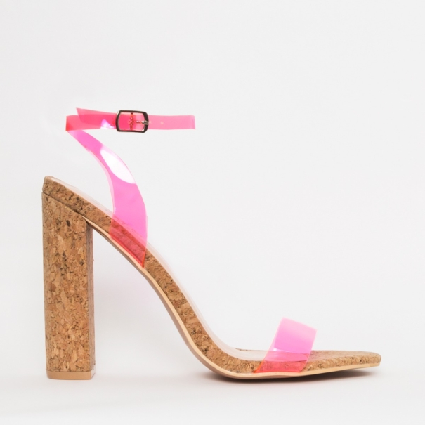 Eleni Neon Pink Clear Cork Block Heels