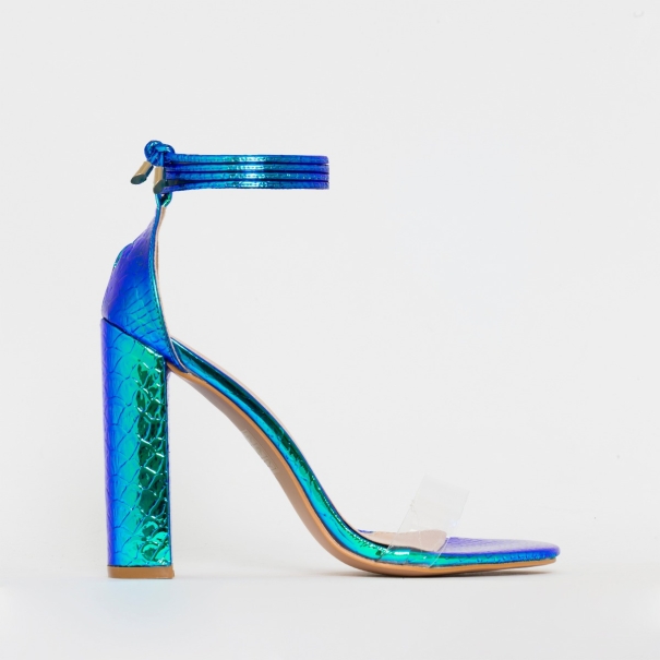 Harley Blue Iridescent Snake Print Clear Lace Up Block Heels