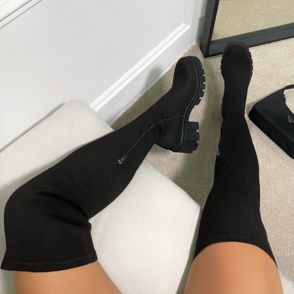 SIMMI Shoes / Teagan Black Suedette Chunky Over The Knee Boots
