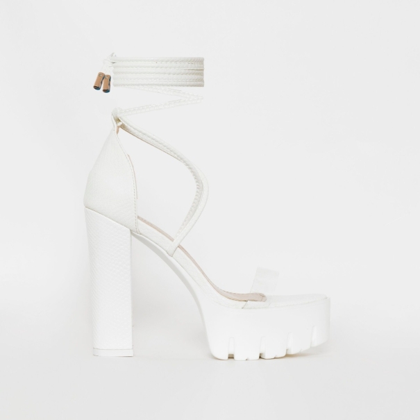 SIMMI SHOES / SULA WHITE FAUX SNAKE PRINT CLEAR LACE UP PLATFORM HEELS