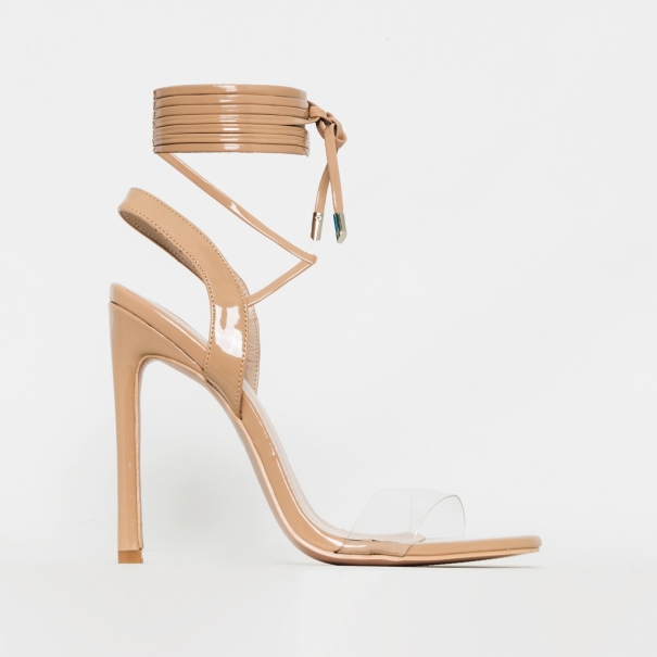 Ella Latte Nude Patent Clear Lace Up Heels
