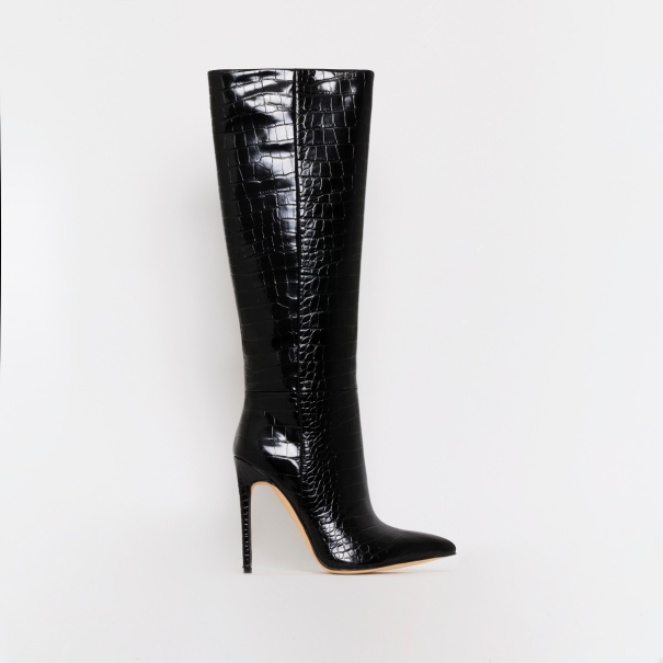Delia Black Croc Print Stiletto Knee Boots