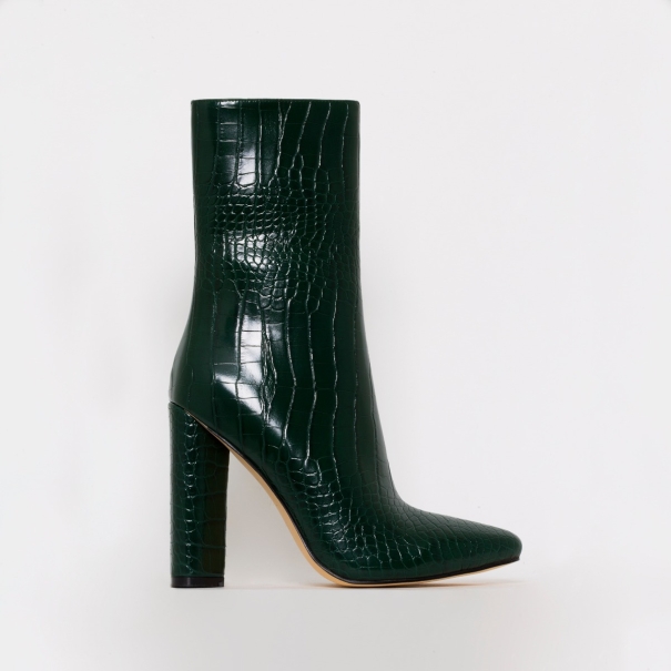 Katy Green Croc Print Block Heel Ankle Boots