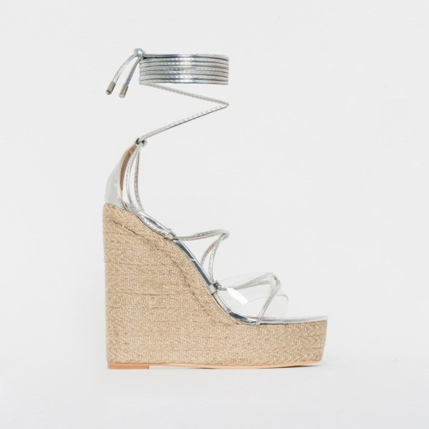 Misty Silver Clear Lace Up Espadrille Wedges