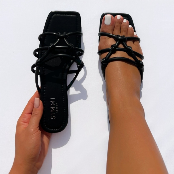 Lois Black Knot Strap Flat Sandals | SIMMI London
