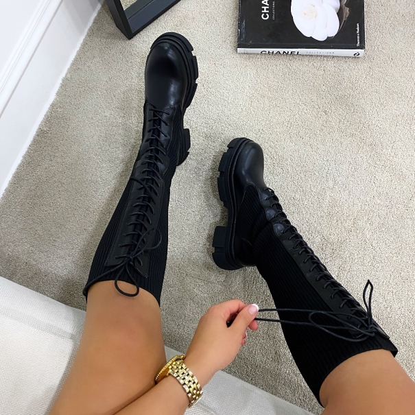 SIMMI London / Khaleesi Black Knit Lace Up Chunky Calf Boots
