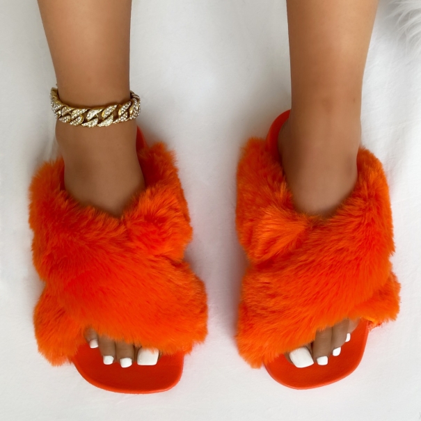 SIMMI Shoes / Lovebug Orange Fluffy Faux Fur Cross Strap Slippers