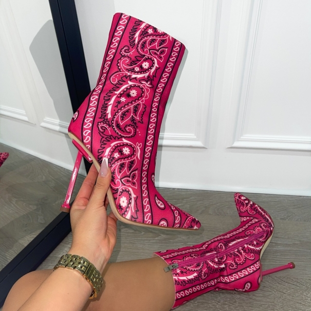 Indigo Hot Pink Scarf Print Stiletto Ankle Boots | SIMMI London