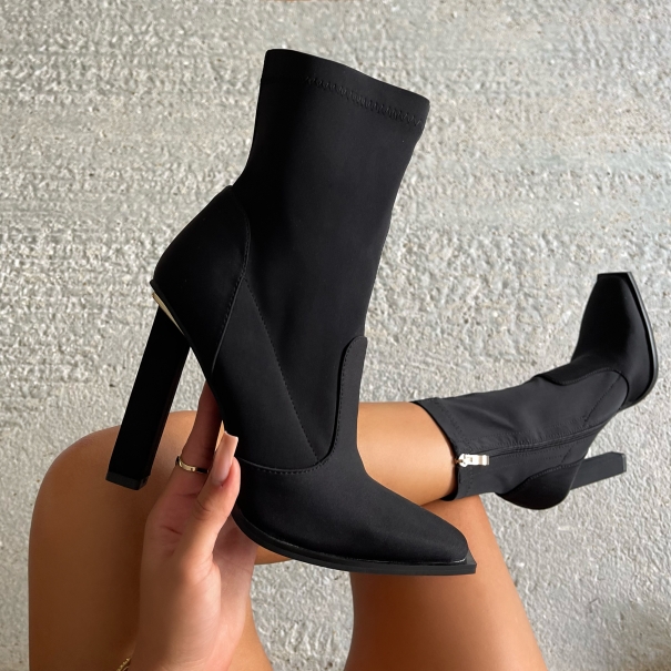 Irina Black Lycra Block Heel Ankle Boots | SIMMI London