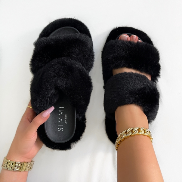 SIMMI Shoes / Itzel Black Fluffy Faux Fur Double Strap Flatform Slides
