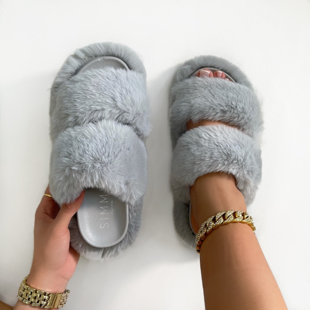 SIMMI Shoes / Itzel Light Grey Fluffy Faux Fur Double Strap Flatform Slides