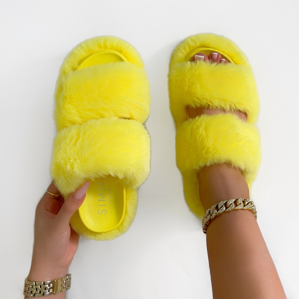 SIMMI Shoes / Itzel Yellow Fluffy Faux Fur Double Strap Flatform Slides