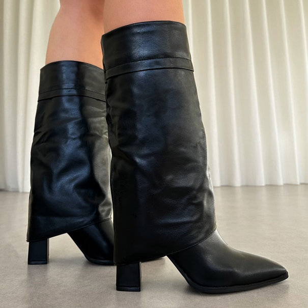 Tamiar black fold over block heeled knee boots | SIMMI London