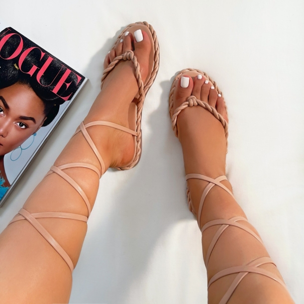 Jaci Nude Twist Strap Toe Post Lace Up Sandals | SIMMI London