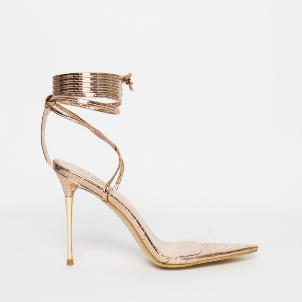 Jamaica Rose Gold Python Clear Lace Up Heels