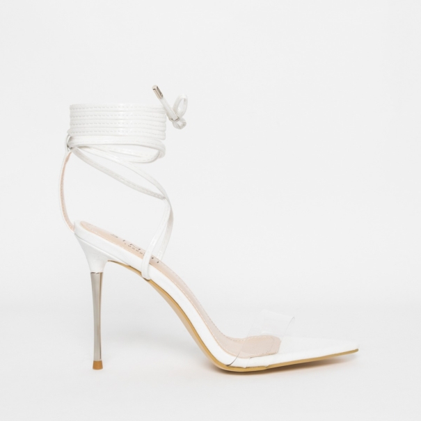 Jamaica White Patent Python Clear Lace Up Heels
