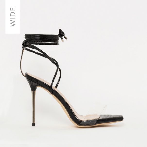 SIMMI SHOES / BECKY WIDE FIT BLACK PATENT CROC PRINT CLEAR LACE UP HEELS