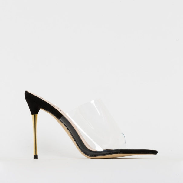 Nadia Black Suede Clear Gold Stiletto Mules