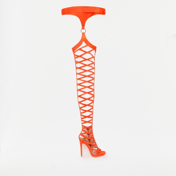 Shaniqua Neon Orange Lycra Belt Thigh High Heels