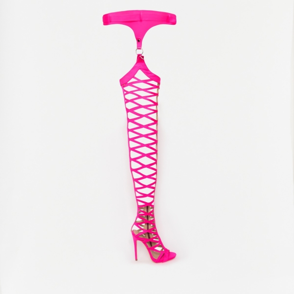 Shaniqua Neon Pink Lycra Belt Thigh High Heels