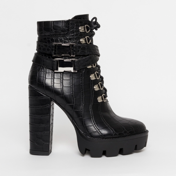Chaya Black Croc Lace Up Ankle Boots