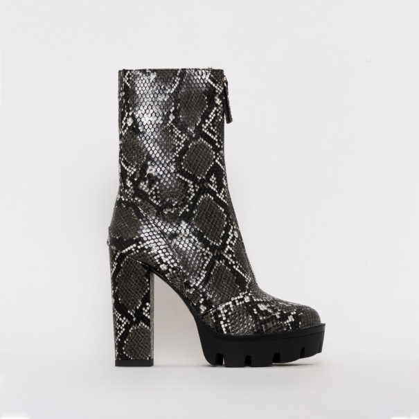 Jezebel Dark Grey Snake Print Zip Platform Ankle Boots