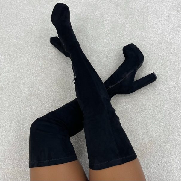 Jeremih Black Suedette Block Heel Thigh High Boots | SIMMI London