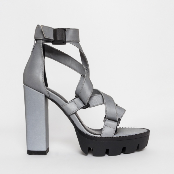 Jaylee Grey Reflective Buckle Platform Heels