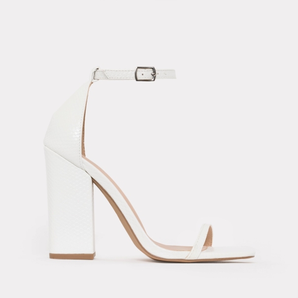 Zoi White Snake Barely There Block Heels