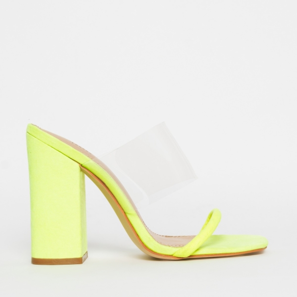 Carissa Neon Yellow Suede Clear Block Mules