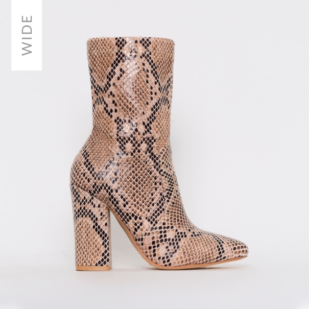 SIMMI SHOES / TANYA WIDE FIT BEIGE SNAKE PRINT BLOCK HEEL ANKLE BOOTS
