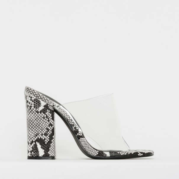 SIMMI SHOES / CLIO BLACK AND WHITE SNAKE PRINT CLEAR BLOCK HEEL MULES