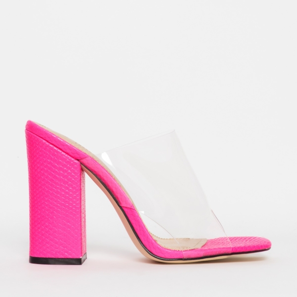 Clio Neon Pink Snake Clear Block Heel Mules