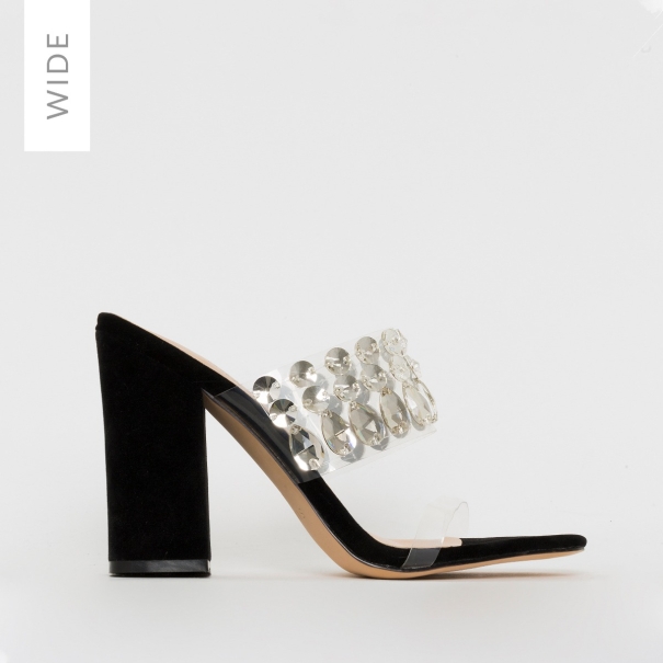 SIMMI SHOES / SIAN WIDE FIT BLACK SUEDE CLEAR JEWEL MULES