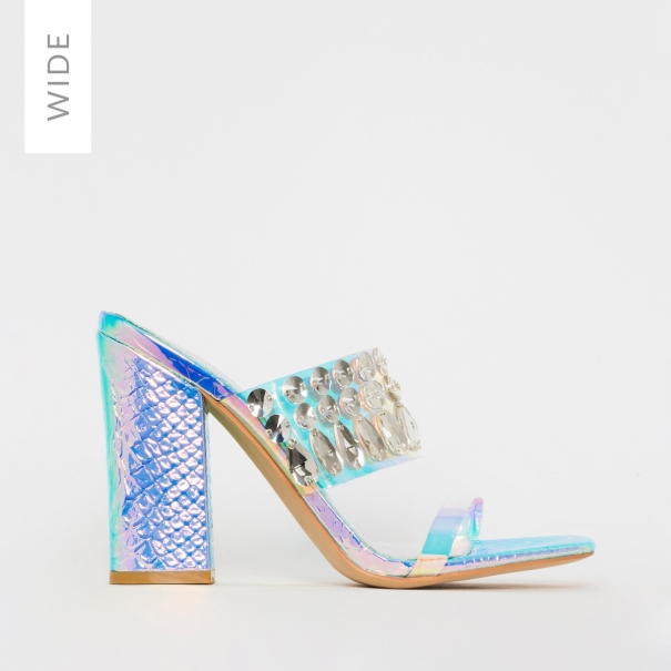 SIMMI SHOES / SIAN WIDE FIT RAINBOW SNAKE PRINT CLEAR JEWEL MULES