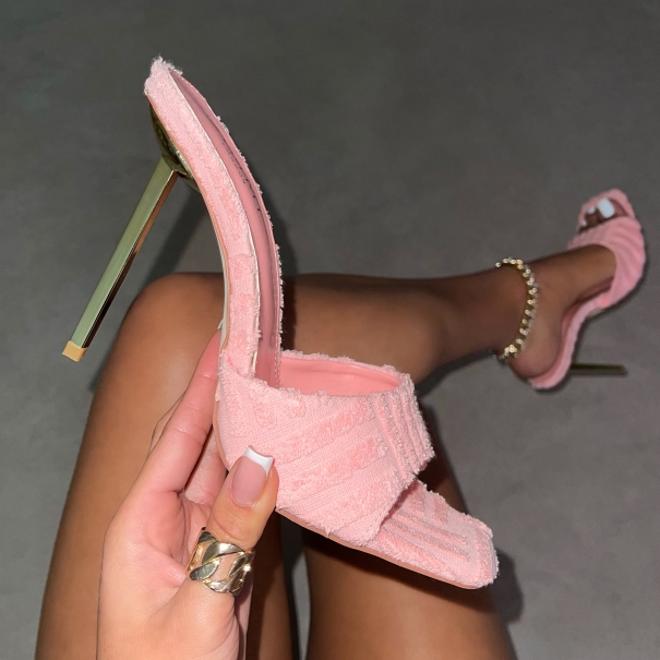 Juicy Baby Pink Towelling High Heel Mules | SIMMI London