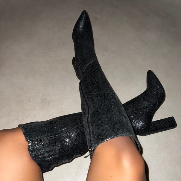 Kaa Black Faux Snake Print Block Heel Knee High Boots | SIMMI London